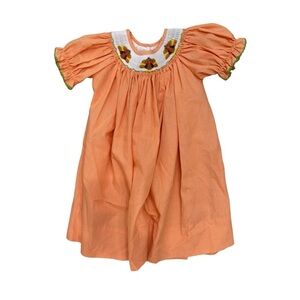 Girl’s Smocked Thanksgiving Turkey Orange Gingham Dress Fall Autumn